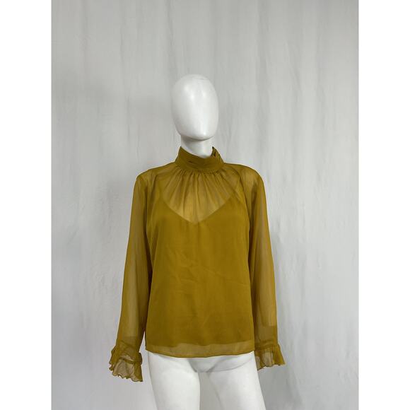 Anthropologie Long-Sleeve Yellow Polyester High-Neck Sheer Blouse Size M - Picture 2 of 5